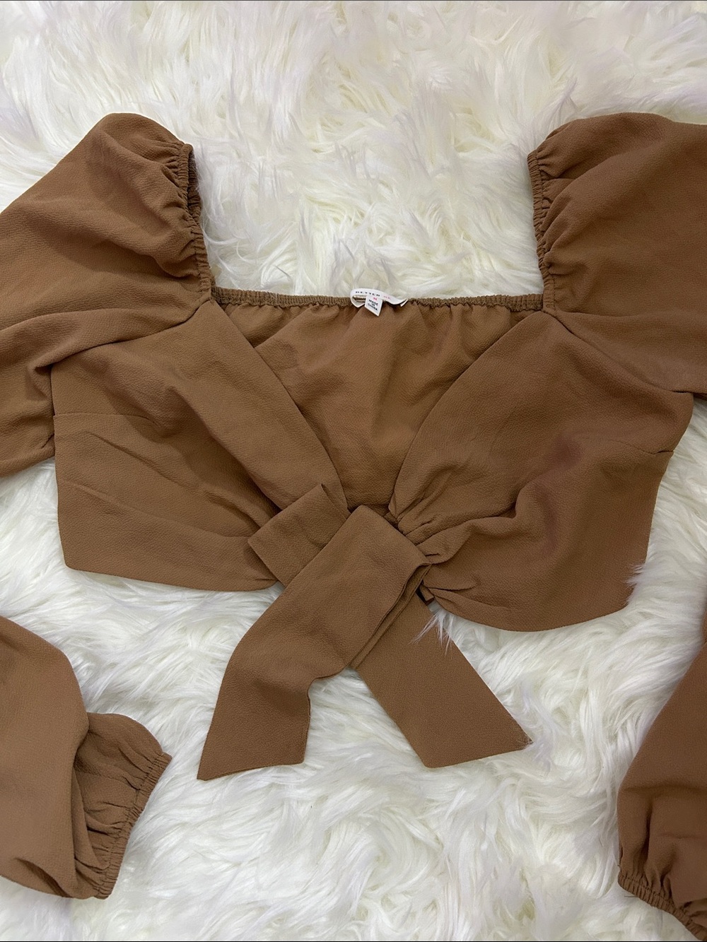 Better Be Brown Tie-Front Puff Sleeve Crop Top